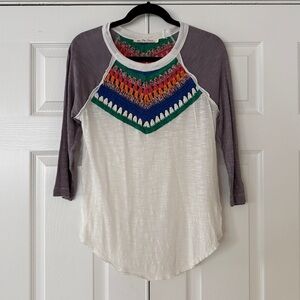 Free People We The Free crochet yoke 3/4 sleeve baseball t-shirt, size XS
